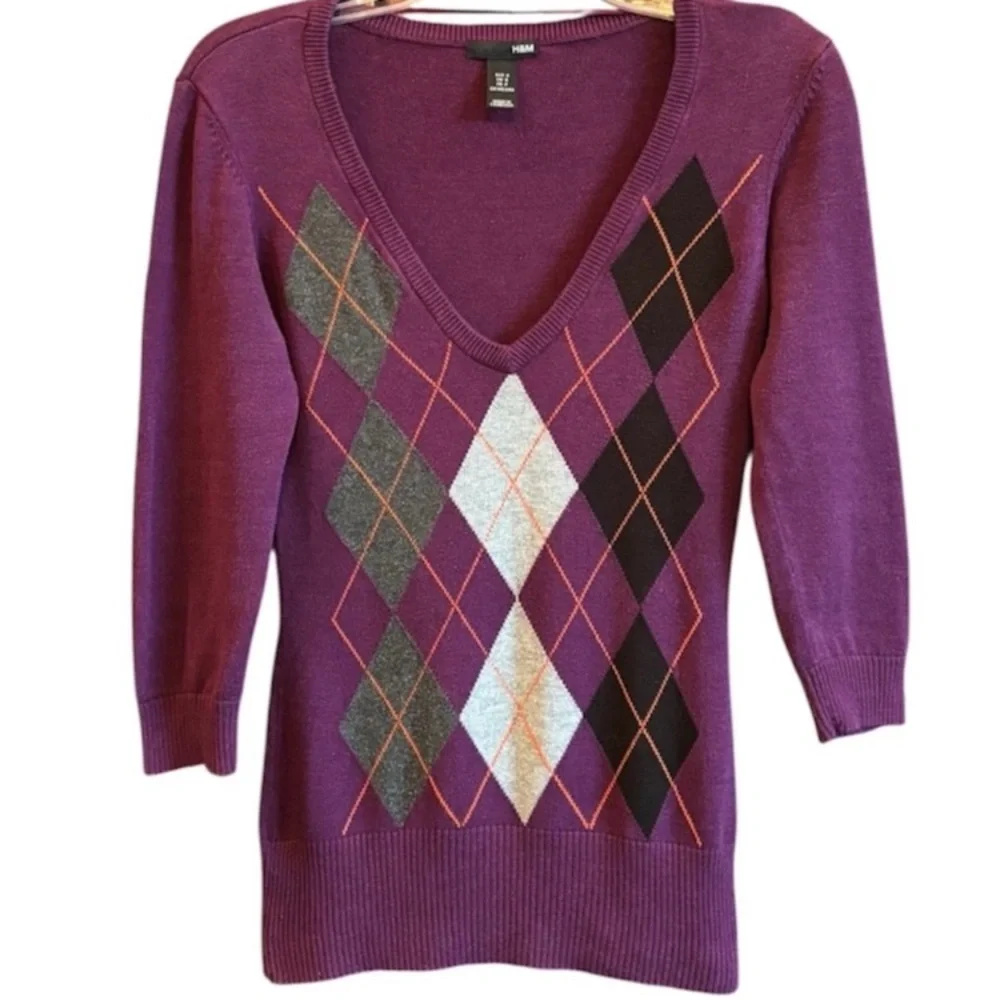 Vintage Argyle Sweater Knit 90s Y2K Pattern V-Neck Jumper Purple Gray Size Small